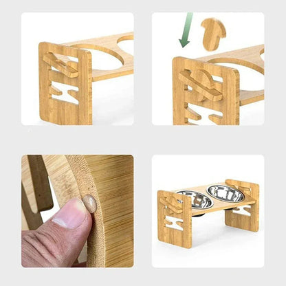 Verstelbare Houten Voederstandaard voor Honden en Katten met RVS Voerbakken - 2 Stuks